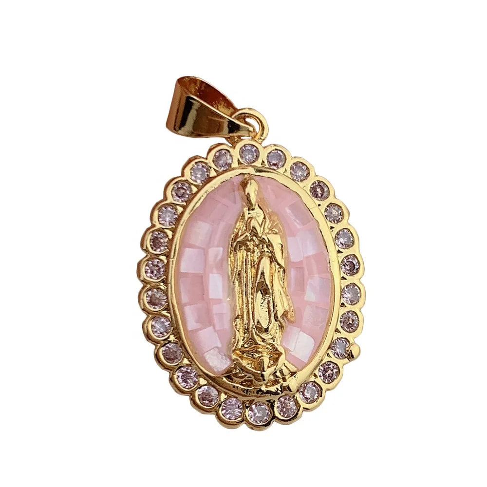 Zircon Shell Oval Medal Virgin Mary Necklace Pendants Charms for 2021 DIY Religions Jewelry Accessories
