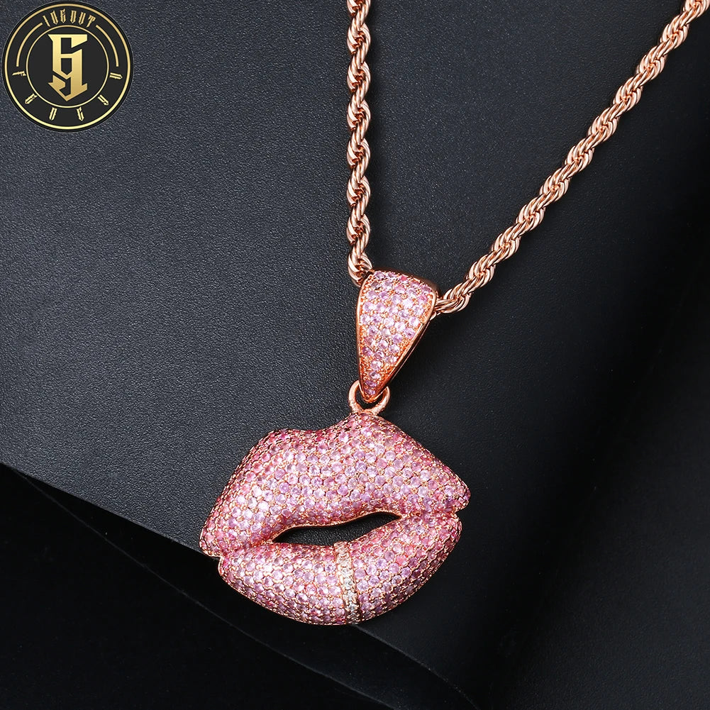 Fashion Brass Rose Gold Pink Zircon Diamond Iced Out Sexy Red Lip Pendant Hip Hop Jewelry With Rope Chain