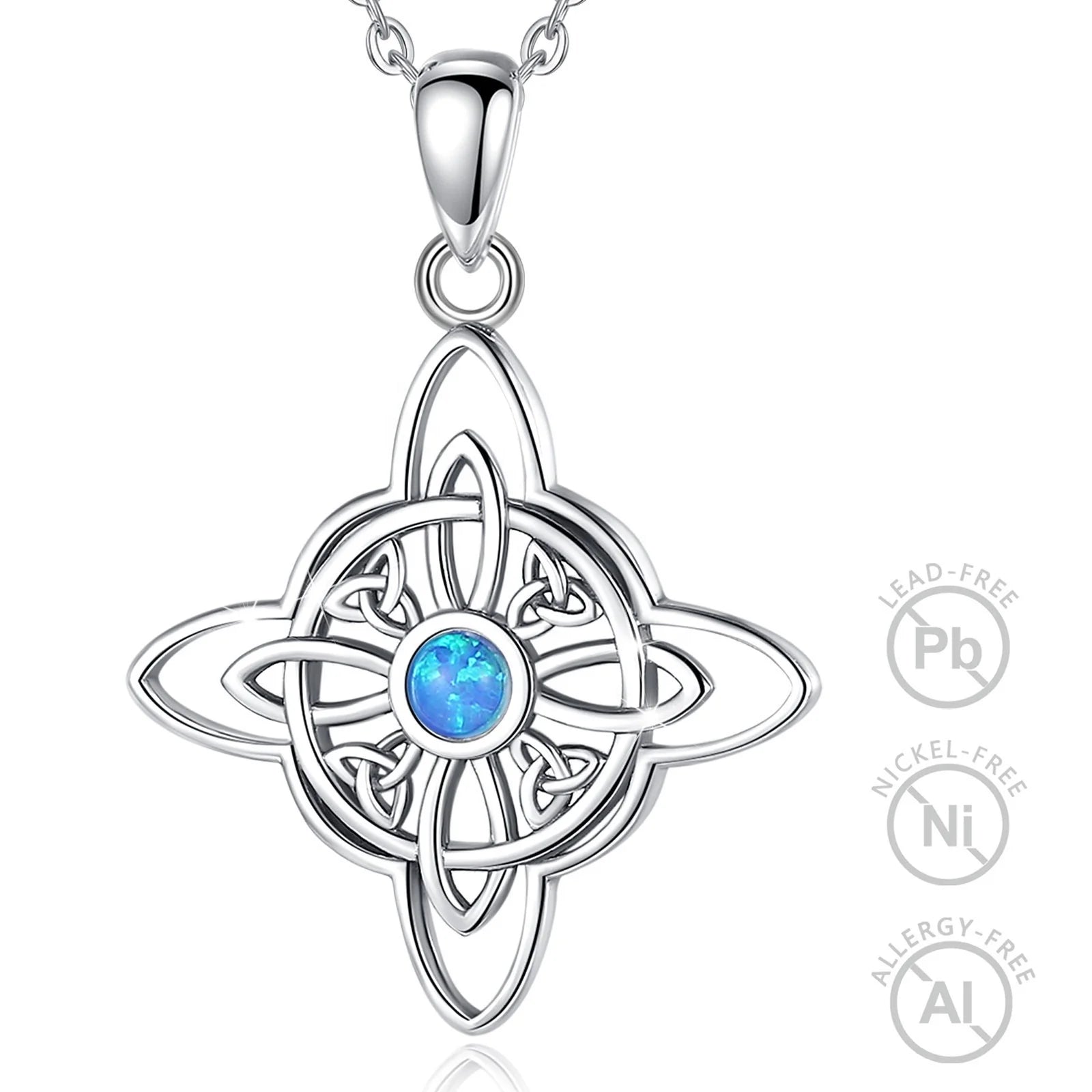 Fashion Fine Jewelry 925 Sterling Silver Hollow Out Wicca Celtic Knot Charms Pendant Necklace with Blue Opal