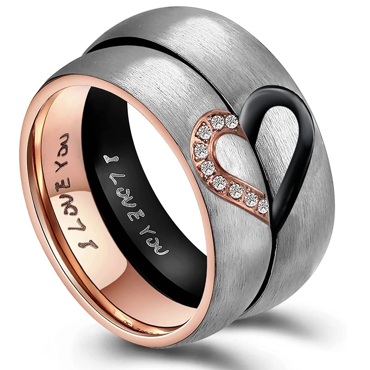 Merryshine Diamond Band Gold Field Valentine Engraved Stainless Steel Half Heart Signet Couple Set Manufacturer Ring
