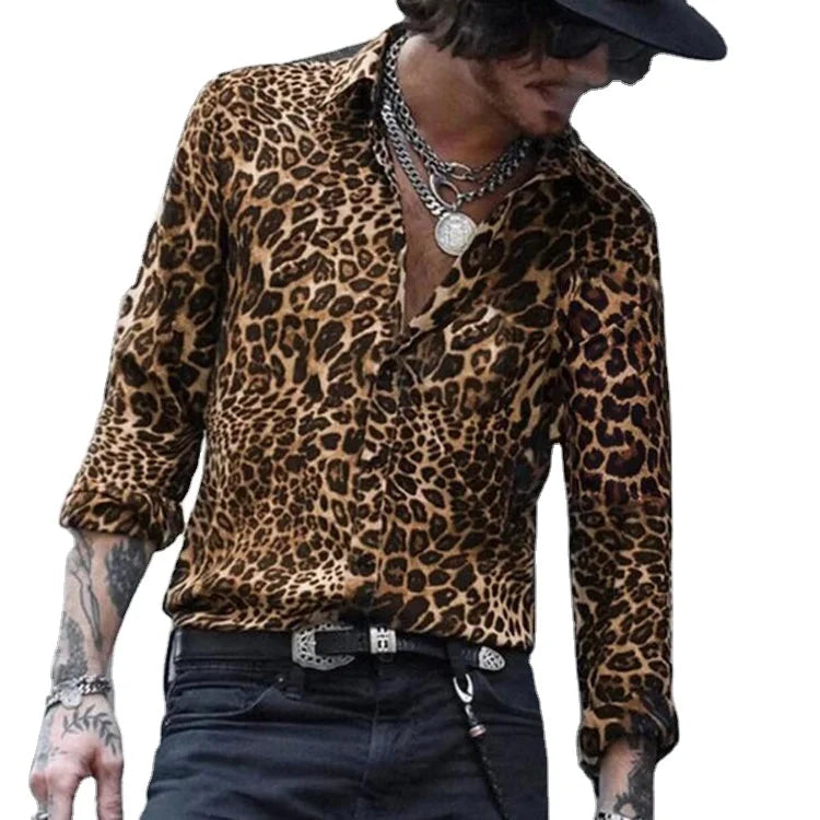 Fashion Men Leopard Print Long Sleeve Shirt Casual High Quality Long Sleeve Male Brand Clothes Business Shirts Men Clothing