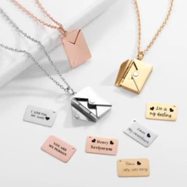 Trendy Custom 3D Engraving LOVE Letter 925 Sterling Silver Mail Envelope Locket Necklace Couple Jewelry Valentine's Day Gift
