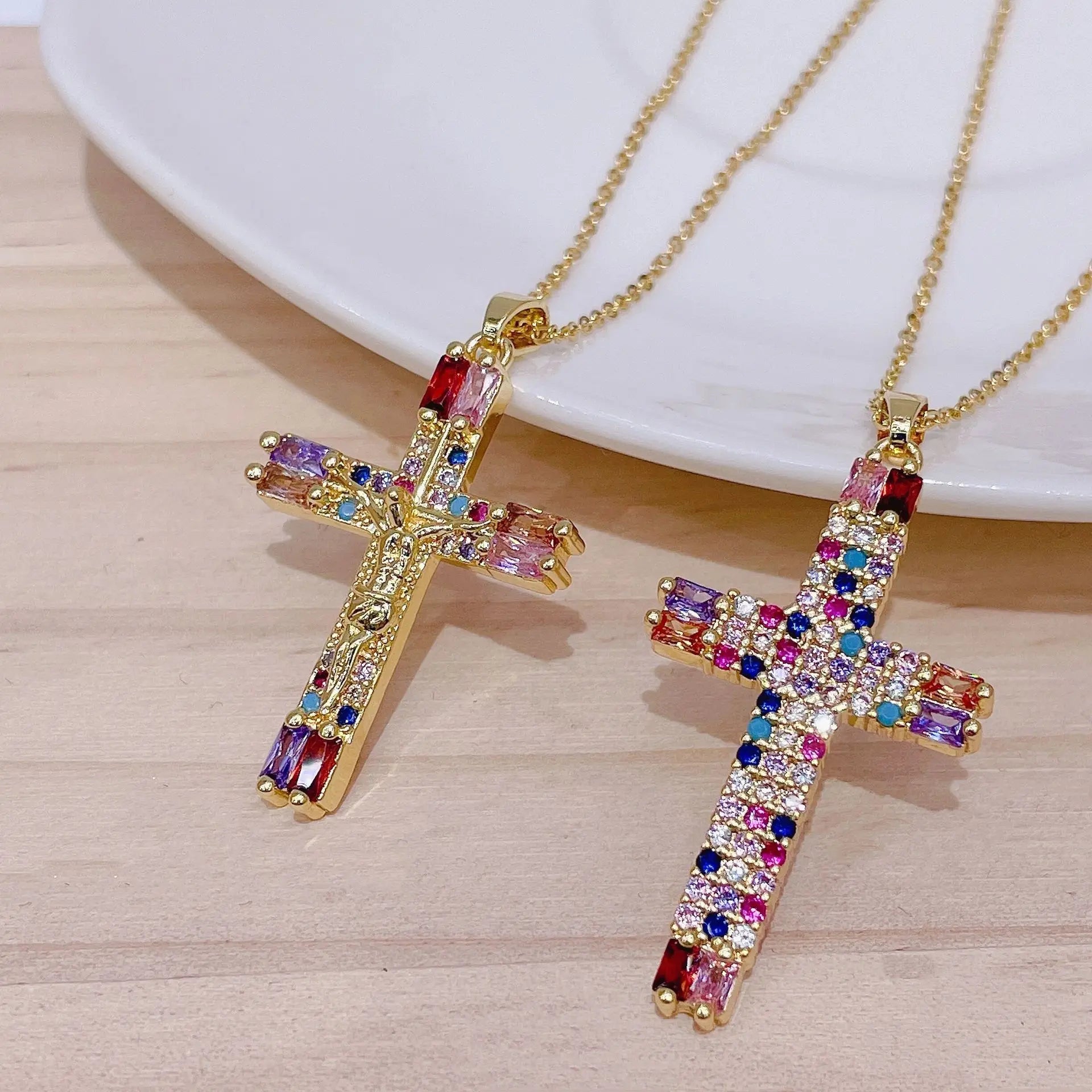 Dainty 18K Gold Plated Stainless Steel Women CZ Zircon Cross Pendant Necklace Jewelry