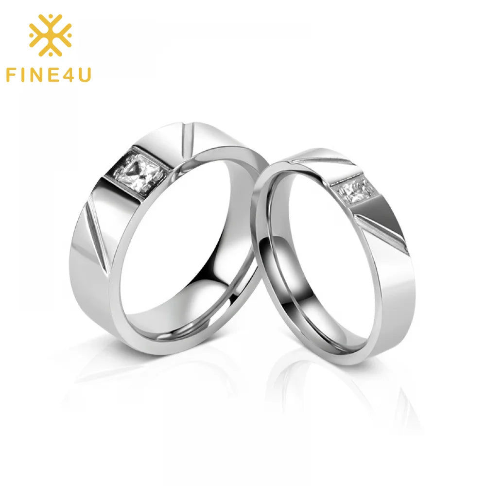 Simple Valentines Couple Jewelry Cubic Zirconia Stainless Steel Wedding Engagement Ring Set