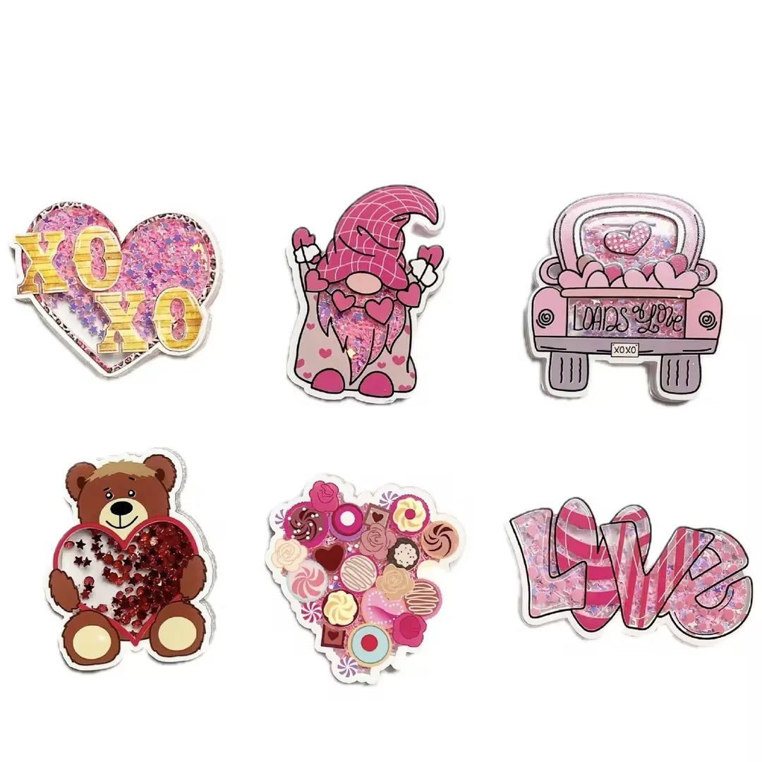 2026 New Style Valentine Day Accessories Acrylic Patch Clip Rotatable Badge Reels Holder ID Holder Quicksand