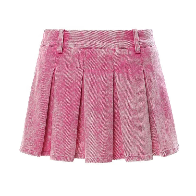 OUDINA Street Fashionable Pink Skirt for Women Mini Short Wash Denim Personalized Umbrella Womens Skirts