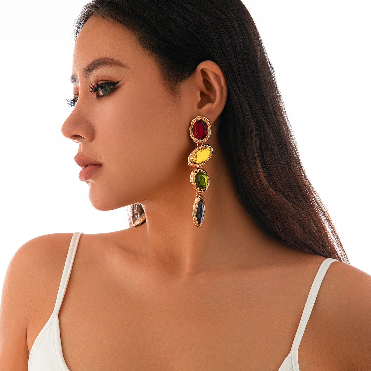 Zooying Vintage Colored Pendant Earrings Set with Gemstones Boho Style Alloy Tassel Stud Earrings