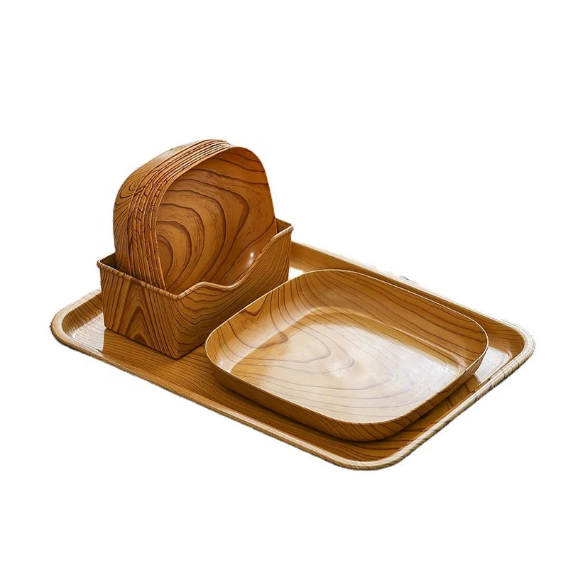 Modern Eco-Friendly Chinese Melamine Wood Grain Square Bone Dish Tray for Household Use Snacks Dried Fruit Tea Art