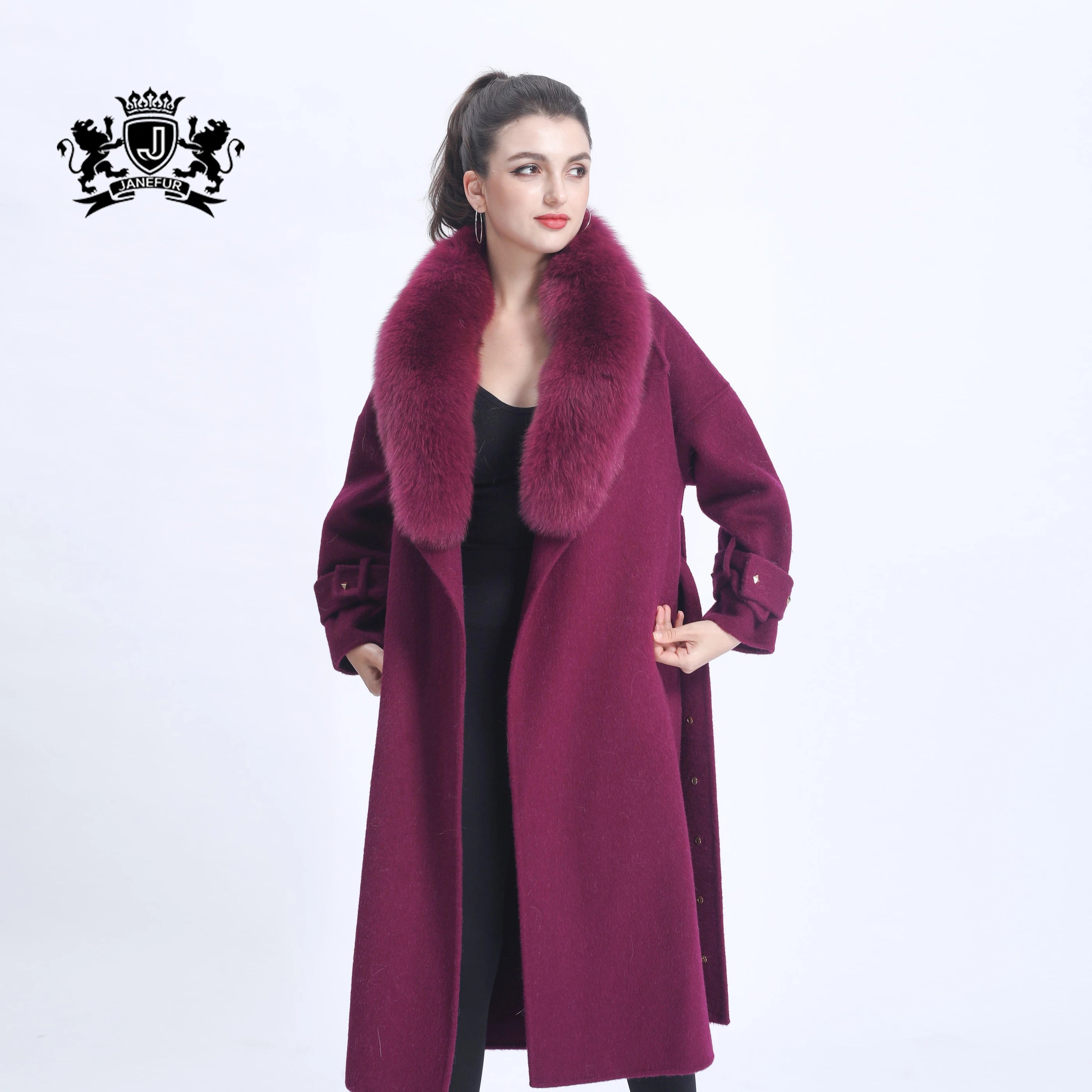 Winter Warm Windproof Double Face Cashmere Coat Fox Fur Collar Rivet Decoration Purple Long Wool Trench Cashmere Coat