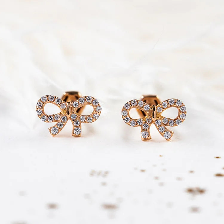 Wholesale Female Full Diamond S925 Silver Bow Stud Earrings Simple Gold Plated Butterfly Knot Stud Earrings for Girlfriend Gift
