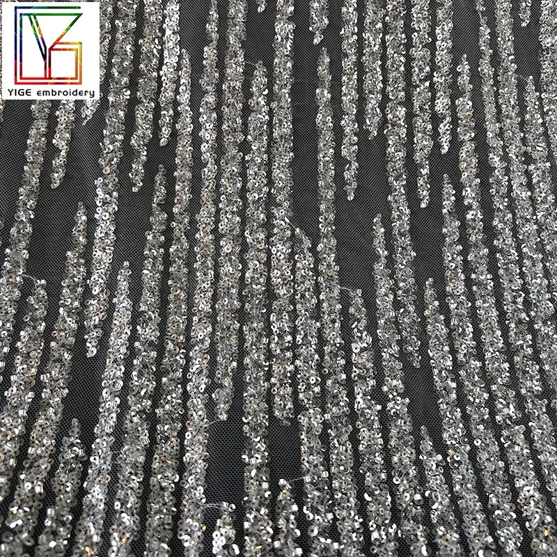 Hot Sale Stripe Pattern Heavy Beaded Lace Embroidery Women New Luxury Mesh Crystal Sequins Wedding Bridal Dress Fabric