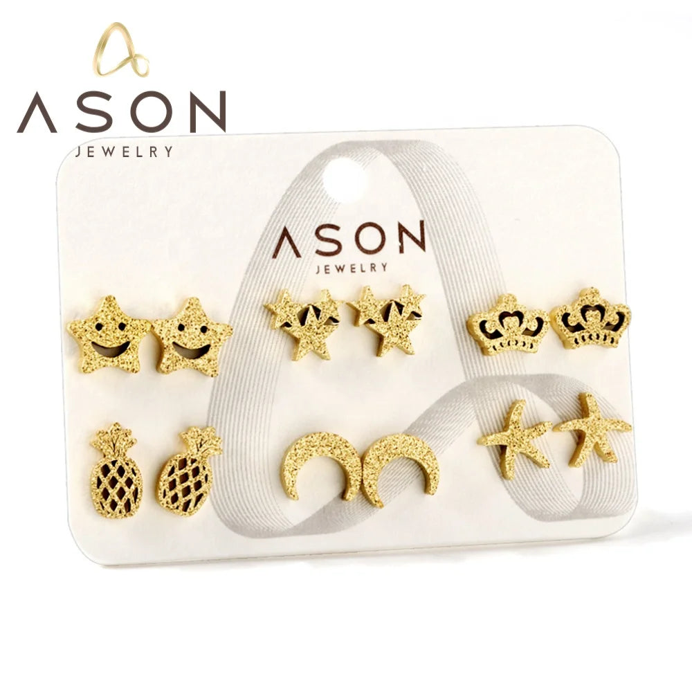 Ason Jewelry Fashion 18k Gold Plated Mixed Style 6 Pairs/Card Frosted Stud Earrings Stainless Steel Earrings Set for Kids