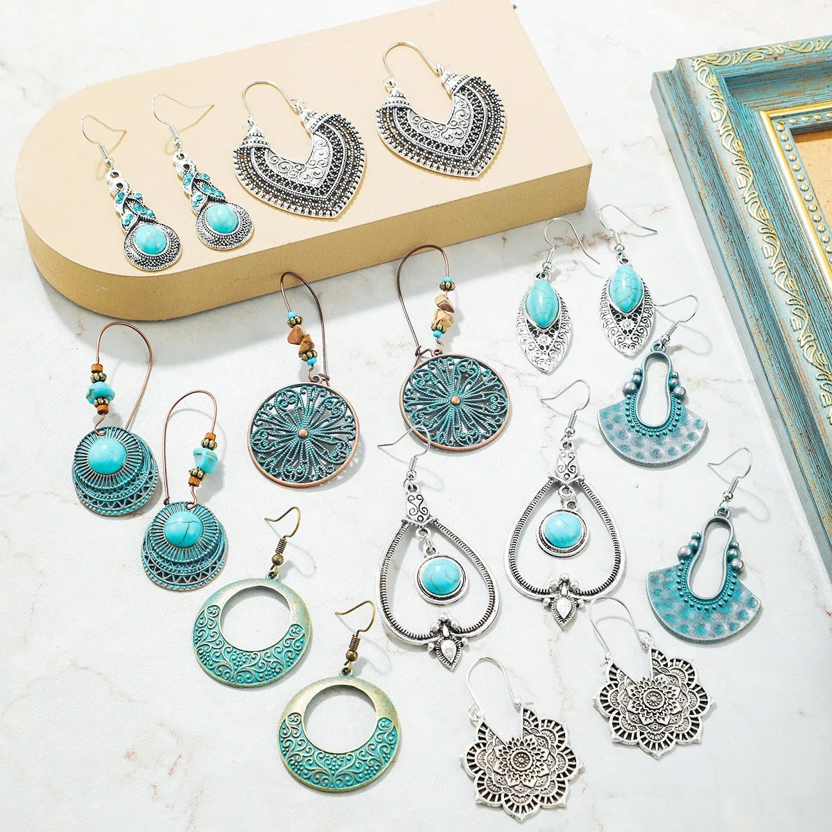 Pendientes Con Piedra Old Fashion Hollow Out Boho Jewelry Blue Turquoise Earrings Hypoallergenic Womens Earrings