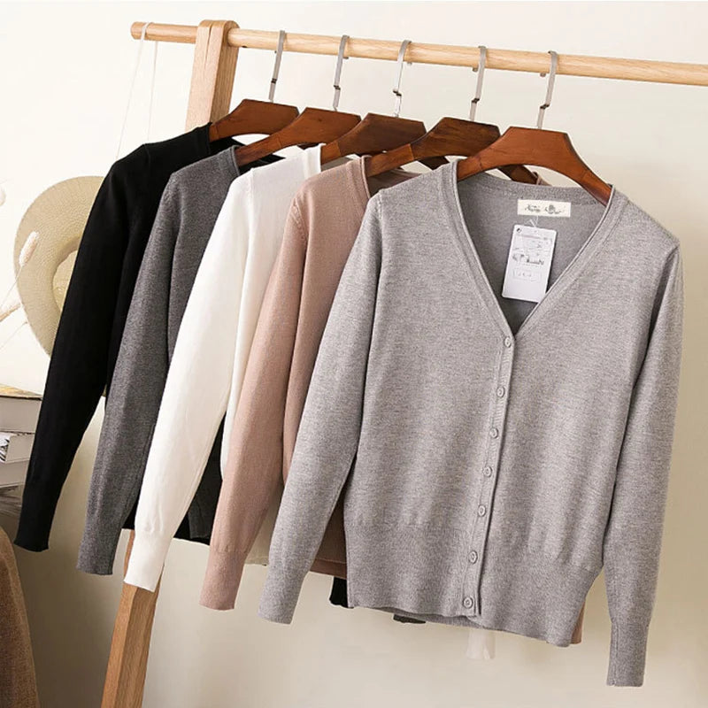 Cardigans Woman Solid V-Neck Long Sleeve Single Breasted Casual Thin Knit Sweaters Womens Oversized Jumper 5XL