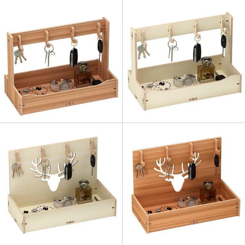 Home Entryway Tabletop Decor Wooden Atchall Jewelry Key Hook Hanger Holder Rack Stand Tray Storage Organizer