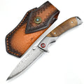 High Grade Shadow Wood Handle Collection Gift Folding Knife Damascus Steel+D2+serration Sharp EDC Pocket Knife with Leather Case