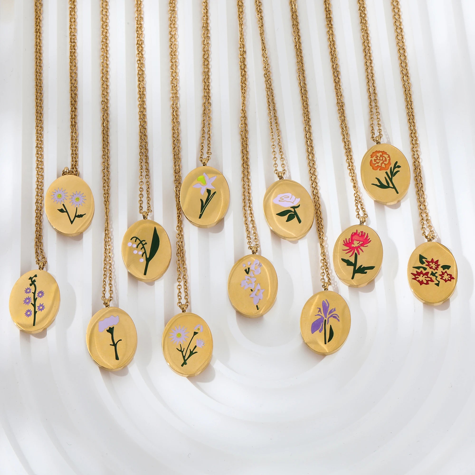 Joolim Jewelry PVD Gold Plated Colorful Engraved 12 Birth Flower Oval Pendant Necklace Trendy Jewelry Wholesale