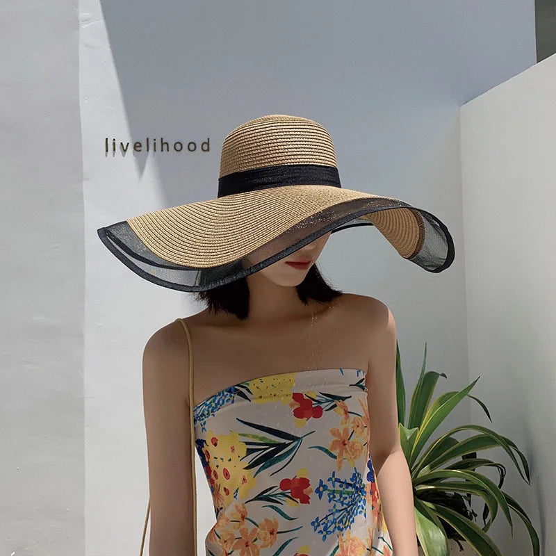 Wholesale Large Size Hat Brim Mesh Straw Hat Beach Travel Ladies Sunshade Folding Sun Plus Visor Summer Net Yarn Hat