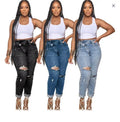 Casual Women's Jeans Distinctive Ripped Oblique Buckle Elastic Mid Waist Women's Denim Jeans
