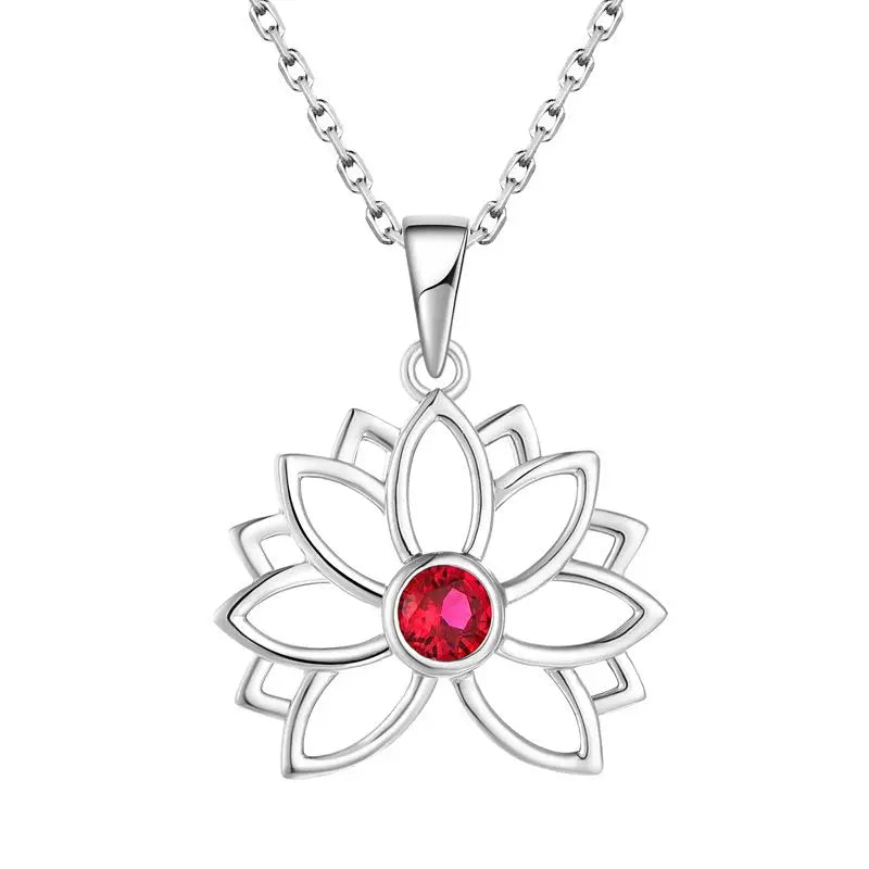YH JEWELLERY Fashion 925 Sterling Silver Custom Color CZ Flower  Pendant Necklace Red Lotus Flower Necklace