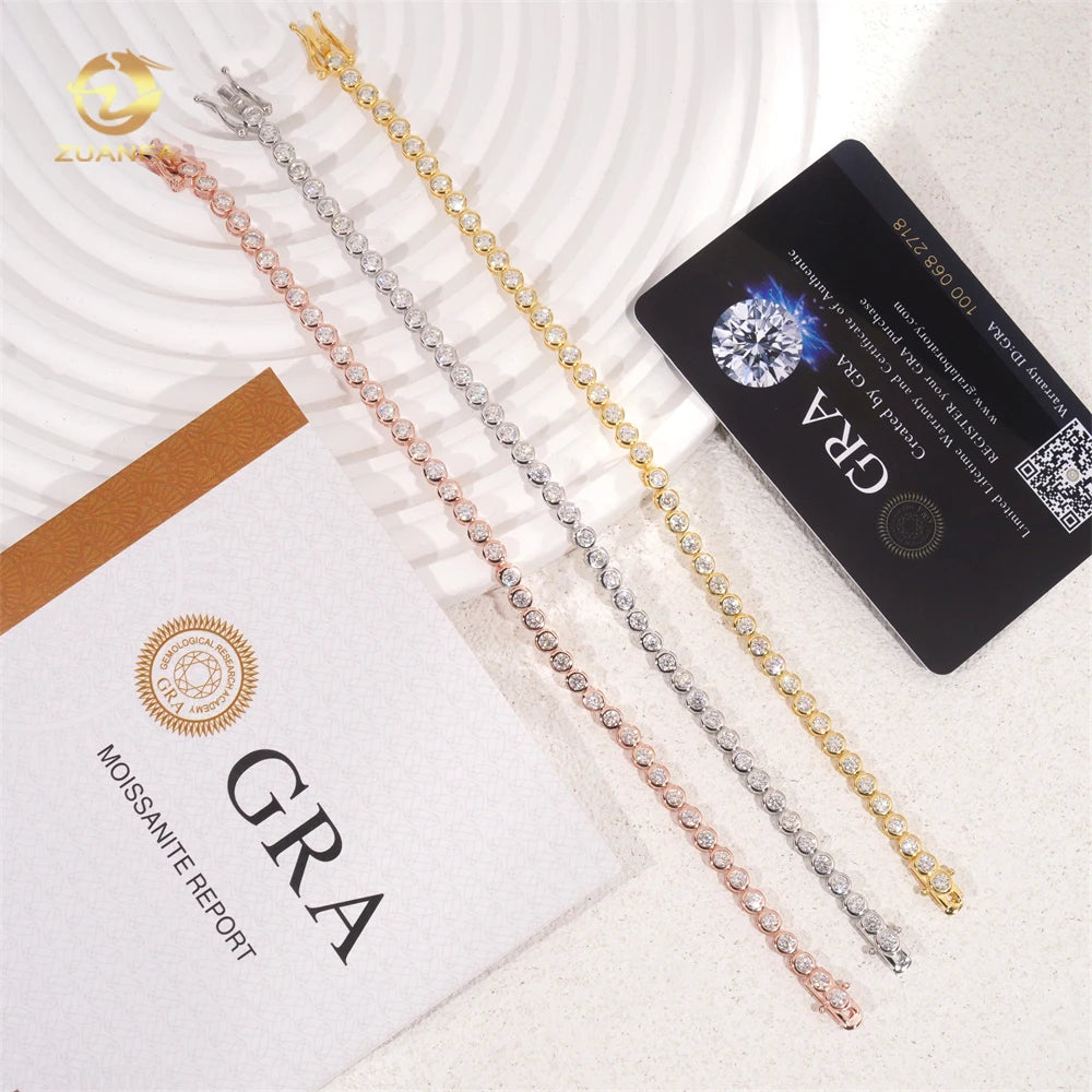 Wholesale Price Pass Diamond test 3mm 4mm Bezel Moissanite Tennis Bracelet Hip Hop 925 Moissanite Tennis Chain Tennis Necklace