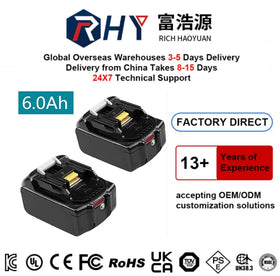 RHY 18V 6000mAh Power Tool Replacement Battery Li-ion Battery with LED Light for MAK BL1860B BL1890B