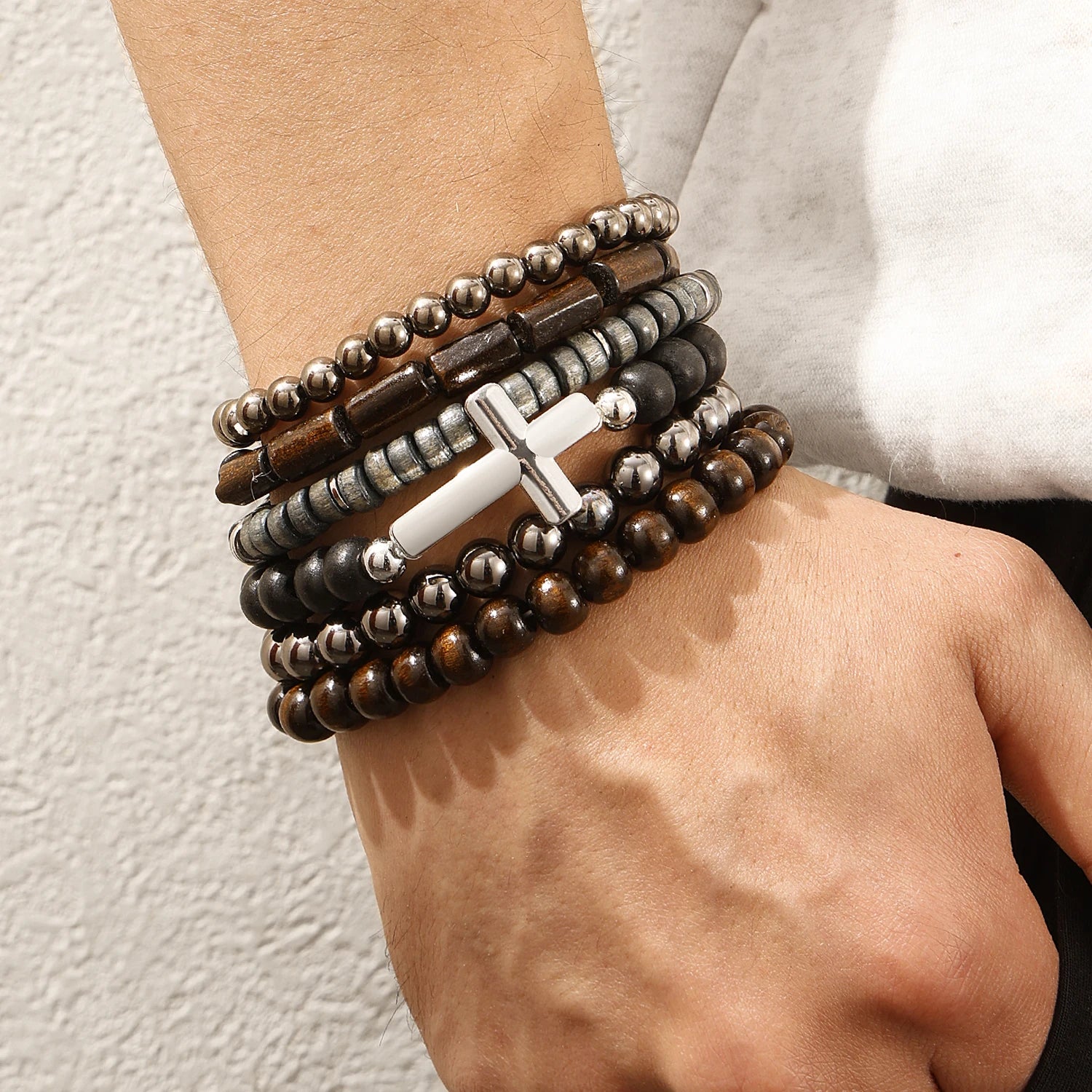 New Retro Cross Wooden Bead Stringing Multi-Layer Bracelet Elastic Bangle Set for Unisex Fashion Jewelry