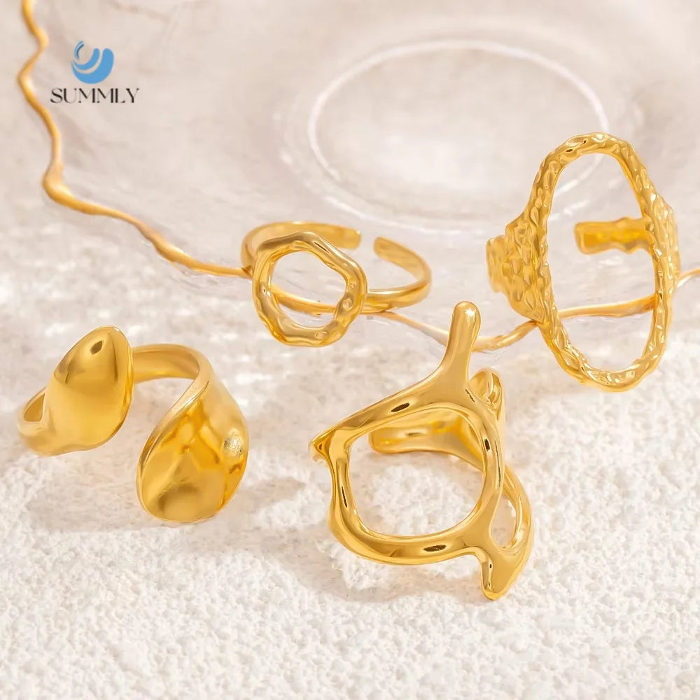 SUMMLY Trend Wholesale Exaggerated Geometric Irregular Colorless 18K Gold Plated Stainless Steel Ring Fashion Jewelry