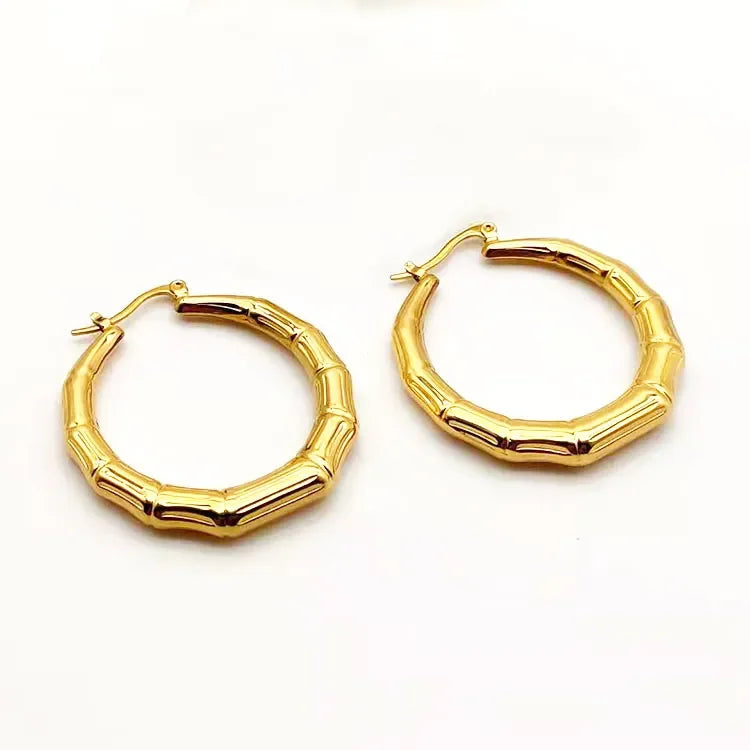 Fashion Trendy Gold Stainless Steel Waterproof Bamboo Hoop Earrings Women Hit Hop Chunky Jewelry Earrings