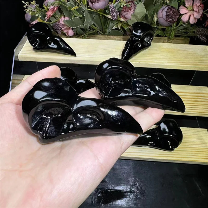Natural Wholesale Price Crystal Carving Black Obsidian Raven Skulls  for Gift