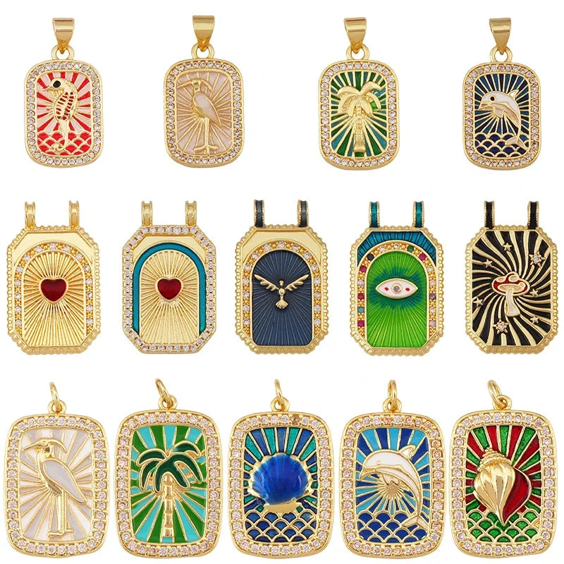 Bohemian Enamel Tarot Cards Coconut Tree Dolphin Conch Love Heart Stripe Eye Charm Pendant Jewelry Accessories Supplies S52