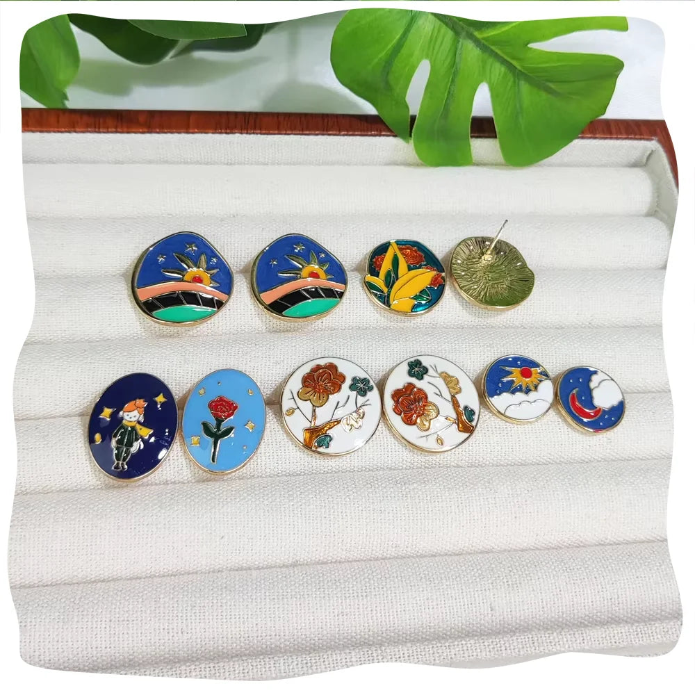 Wholesale Jewelry Colorful Drop Oils Geometric Oval Round Earrings Little Prince Sun Moon 18K Gold Plated Enamel Stud Earrings