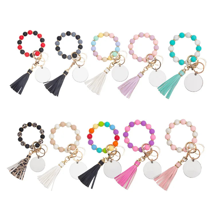 Bracelet Key Chain Pendant PU Fringe Bracelet sublimation MDF Wood Silicone key Chain