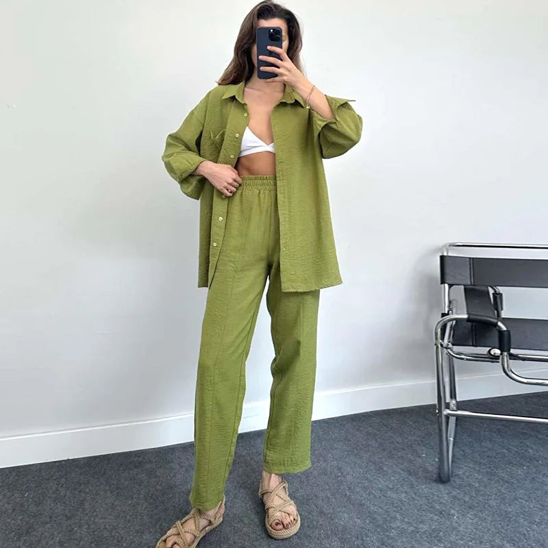 Enyami New Women's Long Sleeved Pleated Elastic Pants Ladies Loose Fitting Fashion Casual 2 Piece Set