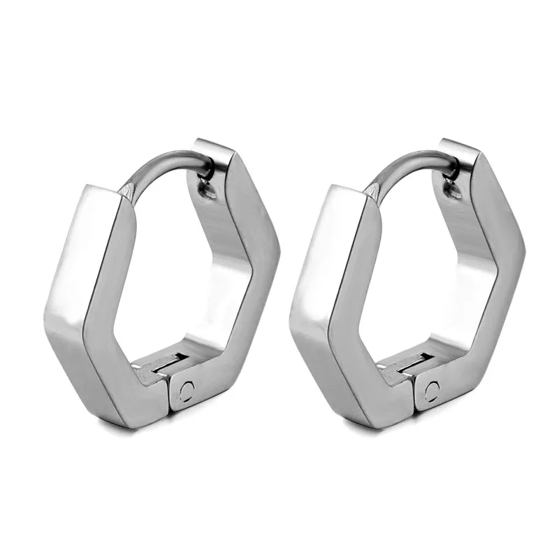 Hexagon 316L Stainless Steel Silver Korean Men Boys Geometric Huggie Earrings Jewelry Gift Wholesale