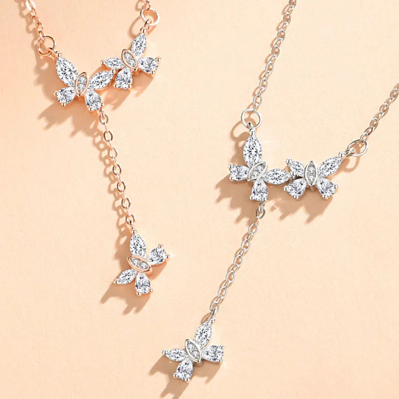 Fine Jewelry 925 Silver Butterfly Pendant Necklace Luxury Long Tassel Crystal Zircons Butterfly Necklace for Women