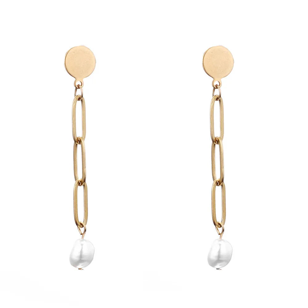 Trendy Fashion Women Jewelry Stainless Steel Paper Clip Chain Dangle Fresh Water Pearl Drop Earrings