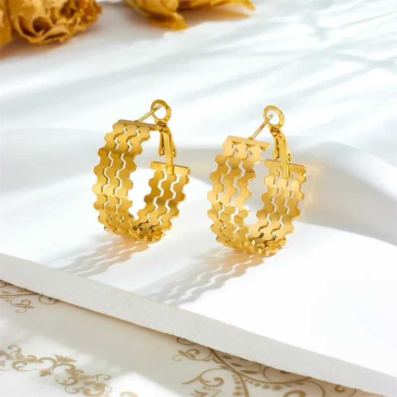 Trendy Geometric Wide Stainless Steel Tarnish Free 18k Gold Hoop Earrings for Women Jewelry