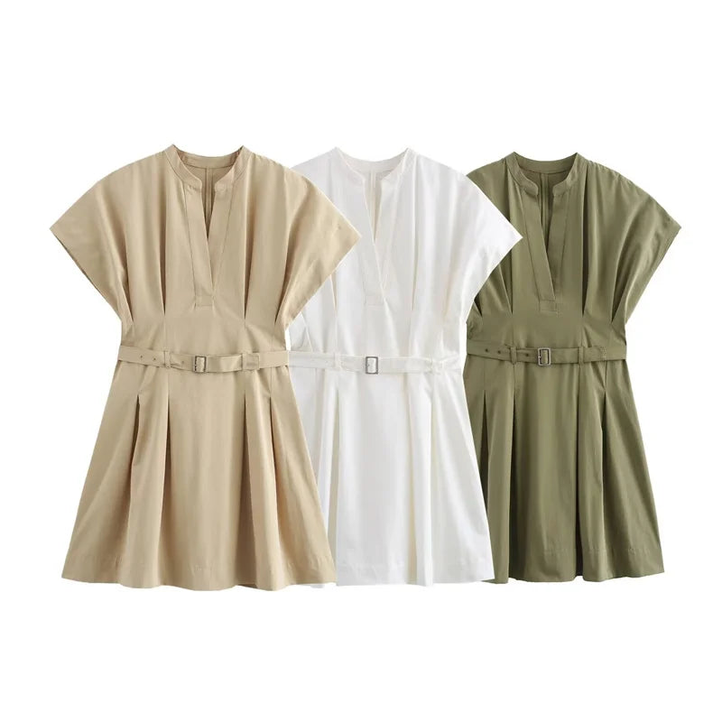 ZATRHMBM Women's Pleated Short Skirt 2024 Summer Dress Fashion Short Sleeve With Belt Mini Dress Casual Retro Loose Party Dress