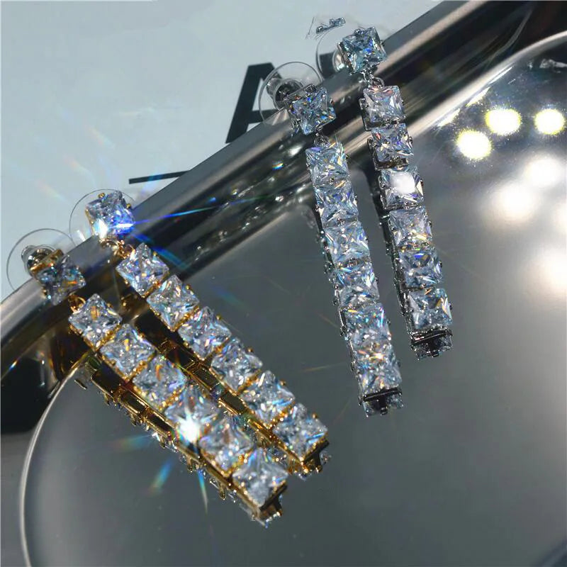 Luxury Shine 18K Gold Plated Square 5A Zircon Long Drop Earrings Princess Cut Diamond Zircon Tassel Earrings