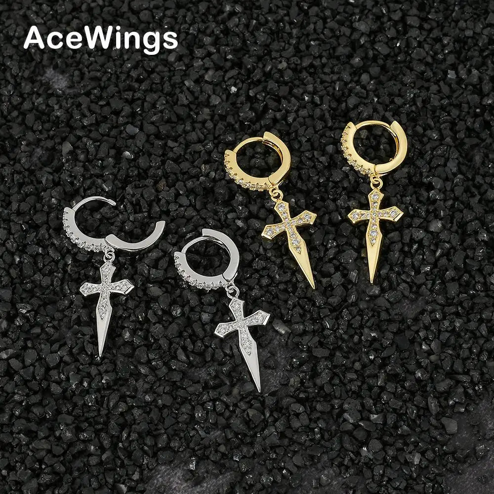 E016 Bling Bling CZ Cross Earrings Brass Setting Zircon Drop Earrings Hip Hop Bling Blilng Iced Out