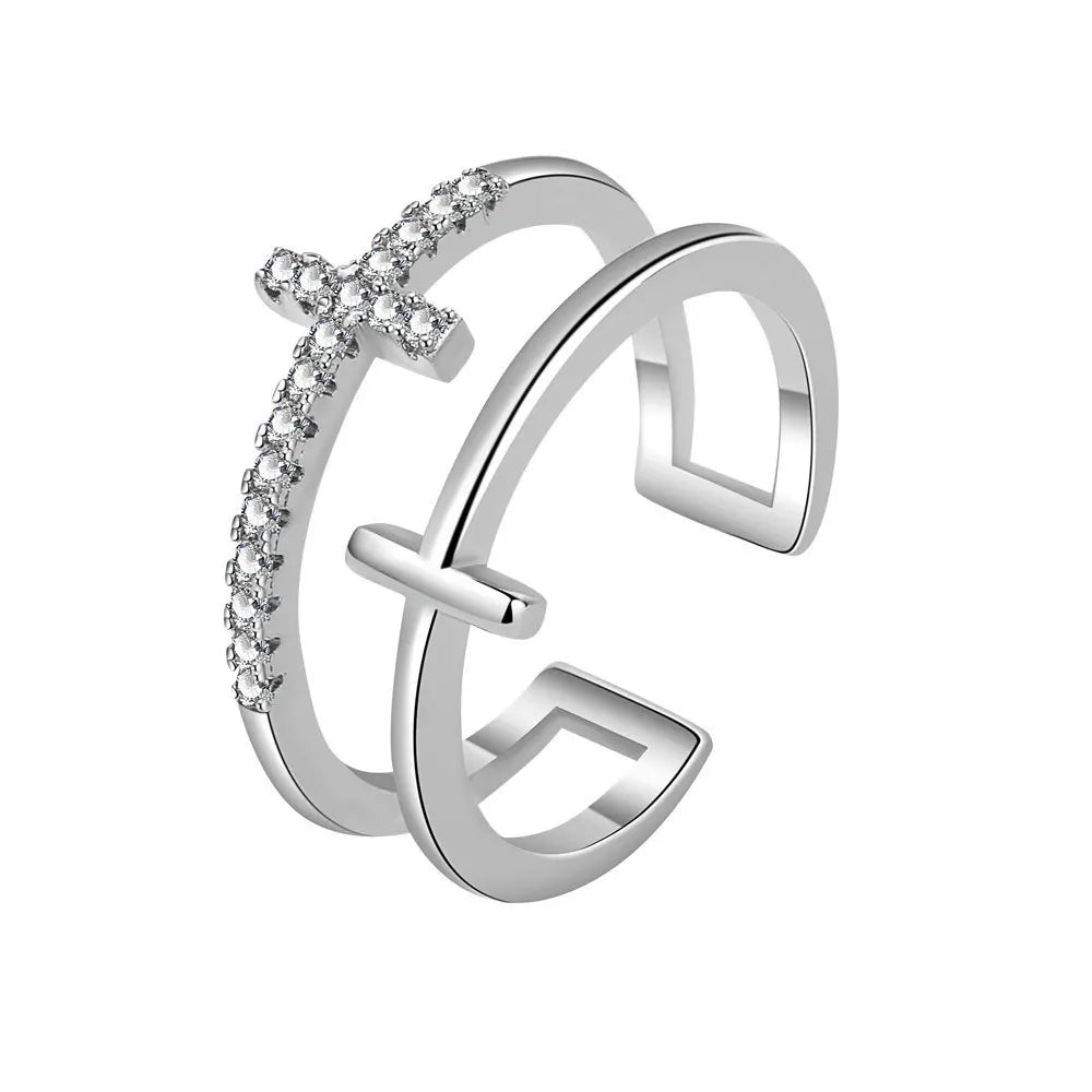 Religious Christian CZ Double Layer Cross Ring Gold Plated Brass Rings Jewelry for Women Cross Layers Ring