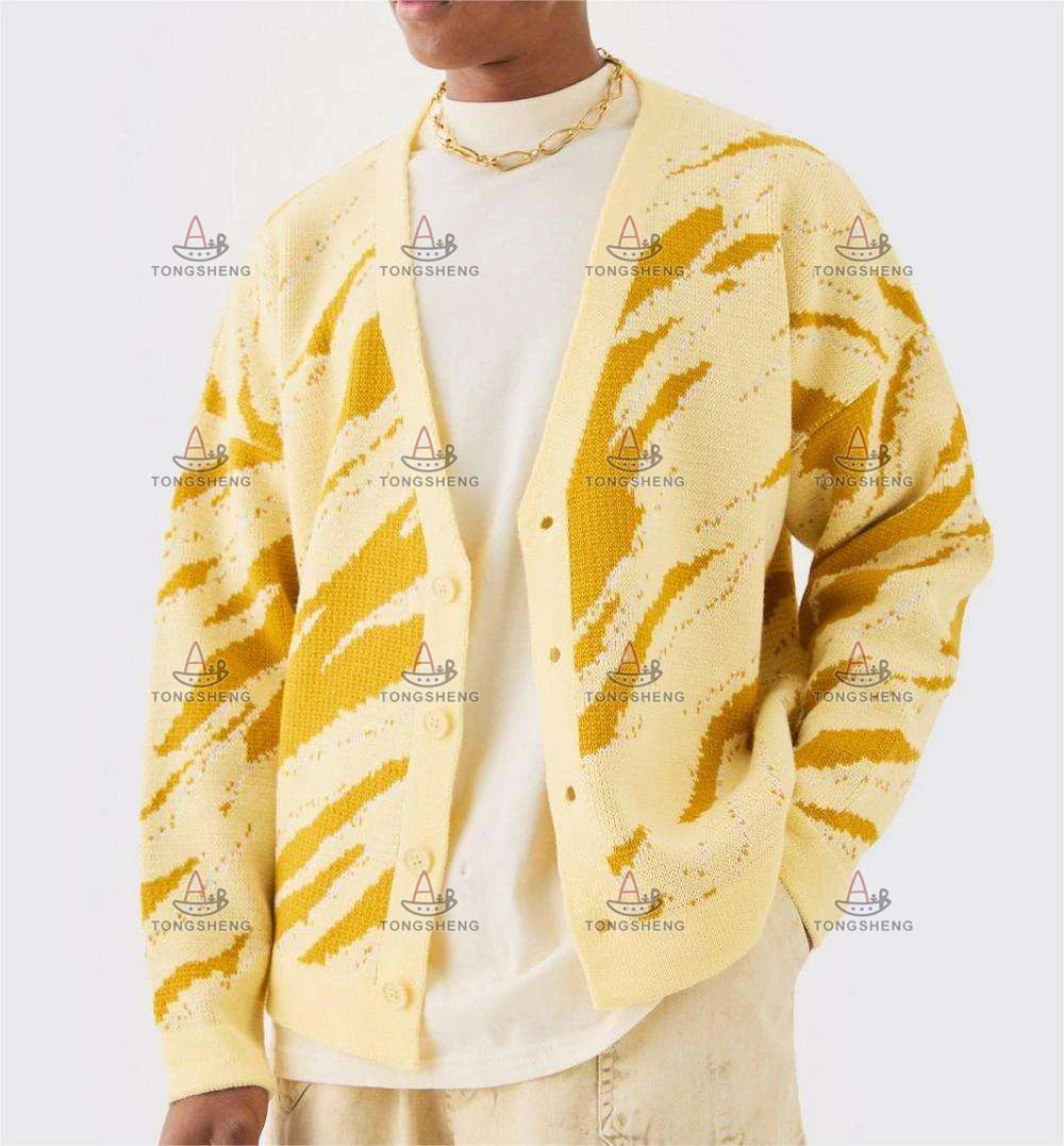Factory Custom Cropped Mens Jacquard Intarsia Fire Knitwear Knitted Boxy Oversized Abstract Flame Cardigan Sweater for Men