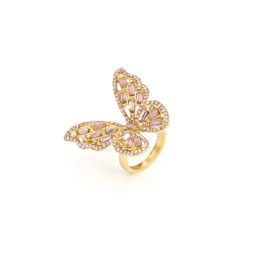 HOVANCI Luxury 18K Real Gold Plated Big Butterfly Zirconia Ring Colorful Bling Full Rhinestone Crystal Butterfly Ring for Women