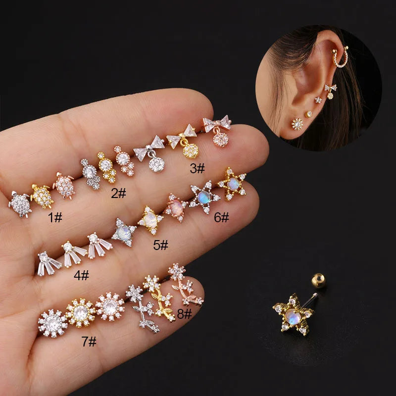 Cute Stainless Steel Piercing Earrings Zircon Bow Flower Turtle Stud Earrings for Women