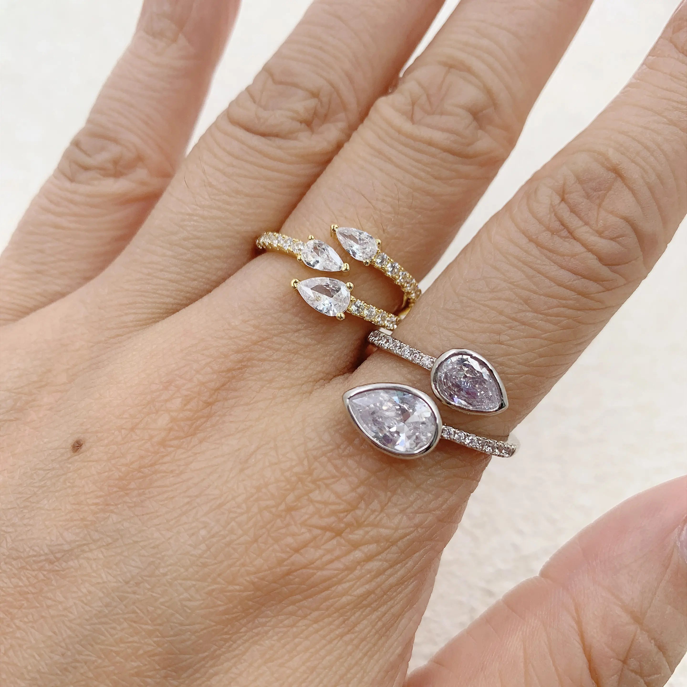 Daidan Women Ring Silver Ring Gold Plated Elegant Water Drop Teardrop Pear Open Zircon Rings for Ladies