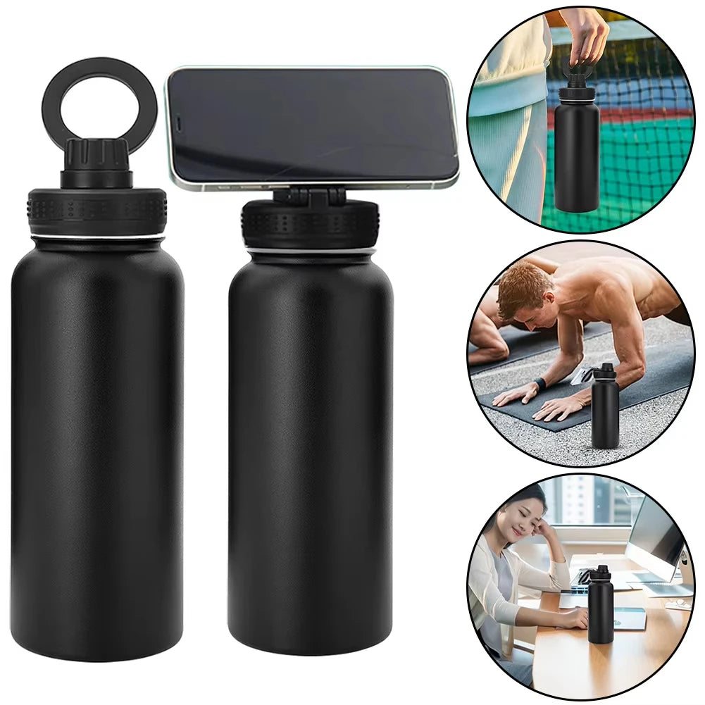 Magnetic Ring Sport Water Bottle Vacuum Insulated Thermos Stainless Steel Water Bottle With Phone Holder