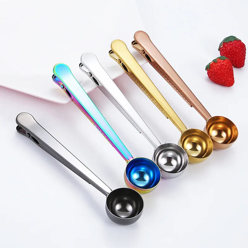Gadgets Tools Multifunctional Stainless Steel Tea Measuring Scoop With Bag Clip Coffee Bean Sealing Coffee Spoon
