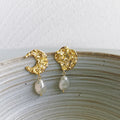 European 100% 925 Silver Natural Pearl Pendant Earrings 18K Gold Plated Hammered Fresh Water Pearl Drop Earrings