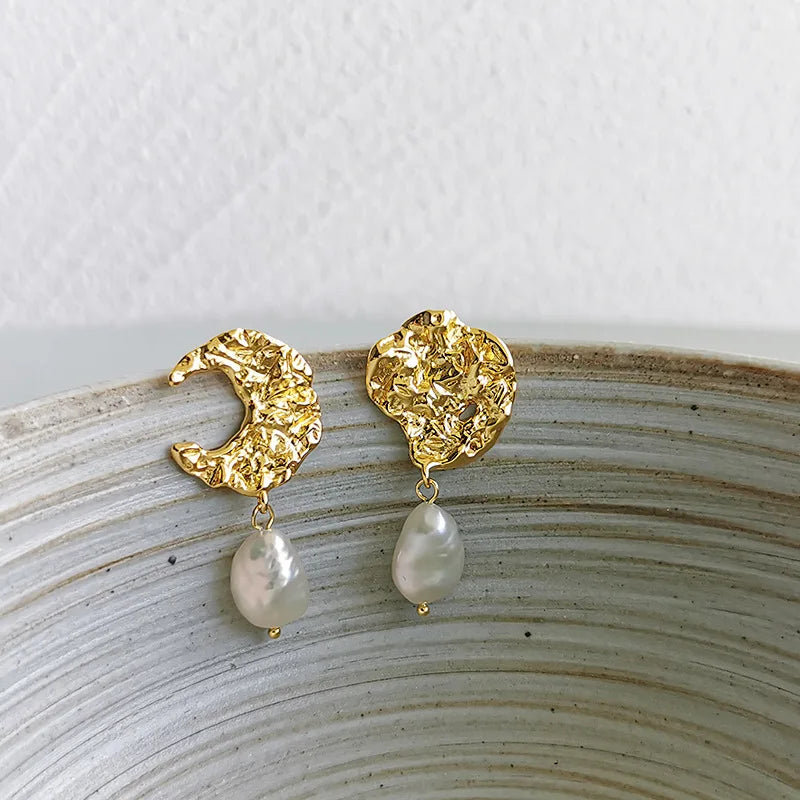 European 100% 925 Silver Natural Pearl Pendant Earrings 18K Gold Plated Hammered Fresh Water Pearl Drop Earrings